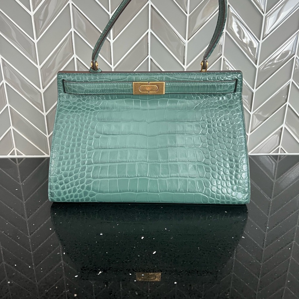 AUTHENTIC NWT Tory Burch Lee Radziwill Embossed Satchel in Norwood Green